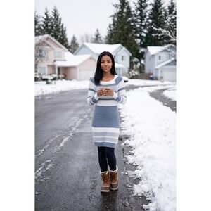 Blue White Striped Knit Sweater Dress Long Sleeve Scoop Neck Mini Bodycon Small